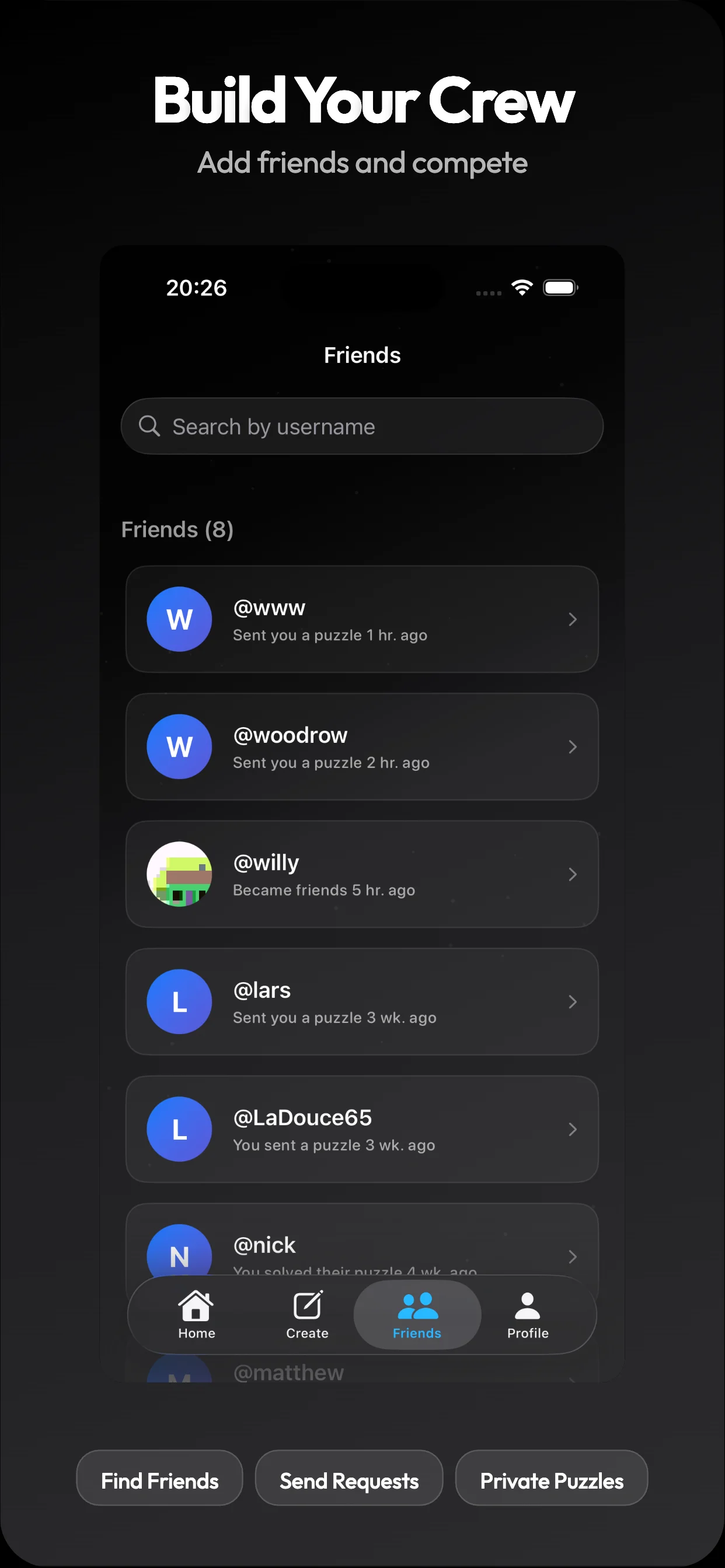 Vriendenlijst met recente puzzelactiviteit