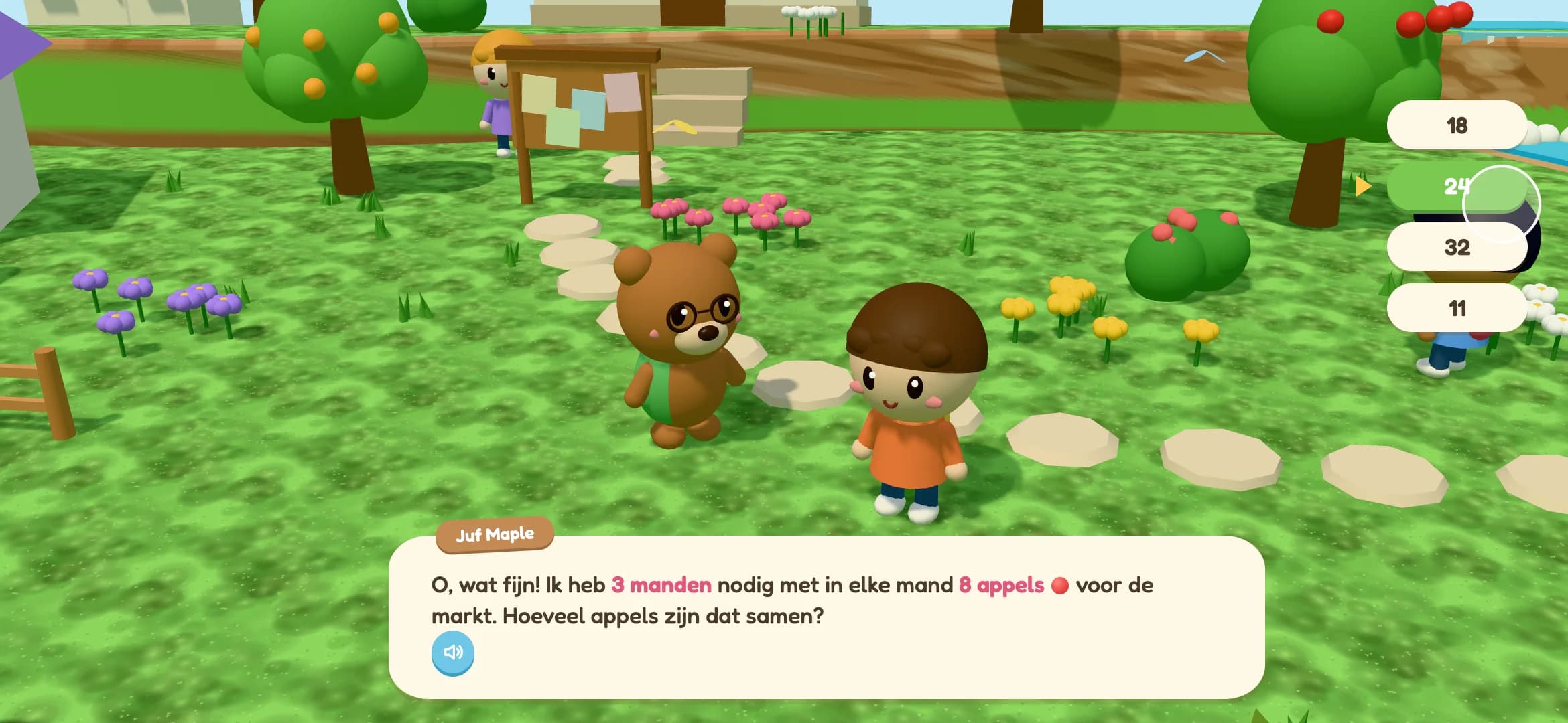 Juf Maple vraagt: ik heb 3 manden nodig met in elke mand 8 appels voor de markt. Hoeveel appels zijn dat samen? Vier antwoordbellen, 24 is gekozen.